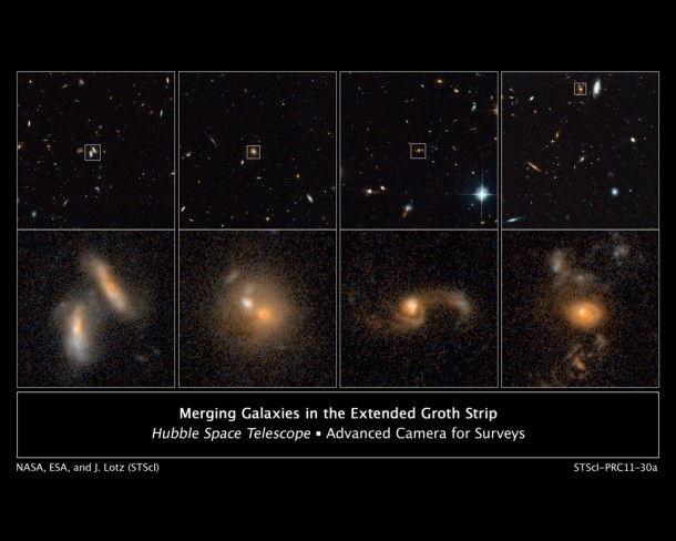 Galactic Wrecks Far from Earth: These images from NASA's Hubble Space Telescope's ACS in 2004 and 2005 show four examples of interacting galaxies far away from Earth. The galaxies, beginning at far left, are shown at various stages of the merger process. The top row displays merging galaxies found in different regions of a large survey known as the AEGIS. More detailed views are in the bottom row of images. (Credit: NASA; ESA; J. Lotz, STScI; M. Davis, University of California, Berkeley; and A. Koekemoer, STScI) Galactic Wrecks Far from Earth: These images from NASA's Hubble Space Telescope's ACS in 2004 and 2005 show four examples of interacting galaxies far away from Earth. The galaxies, beginning at far left, are shown at various stages of the merger process. The top row displays merging galaxies found in different regions of a large survey known as the AEGIS. More detailed views are in the bottom row of images. (Credit: NASA; ESA; J. Lotz, STScI; M. Davis, University of California, Berkeley; and A. Koekemoer, STScI)