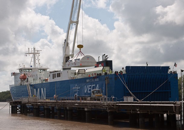 Vega elements being unloaded at Kourou harbour Vega elements being unloaded at Kourou harbour