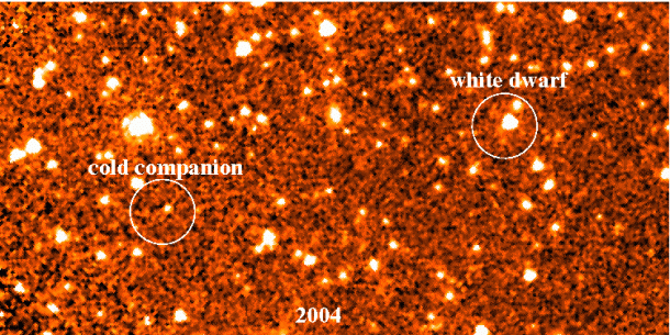 These two infrared images were taken by NASA's Spitzer Space Telescope in 2004 and 2009. They show a faint object moving through space together with a dead star called a white dwarf. The object, thought to be a "failed" star, or brown dwarf, is the coldest stellar companion to be directly imaged outside our solar system. Credit: NASA/JPL-Caltech/Penn State These two infrared images were taken by NASA's Spitzer Space Telescope in 2004 and 2009. They show a faint object moving through space together with a dead star called a white dwarf. The object, thought to be a "failed" star, or brown dwarf, is the coldest stellar companion to be directly imaged outside our solar system. Credit: NASA/JPL-Caltech/Penn State