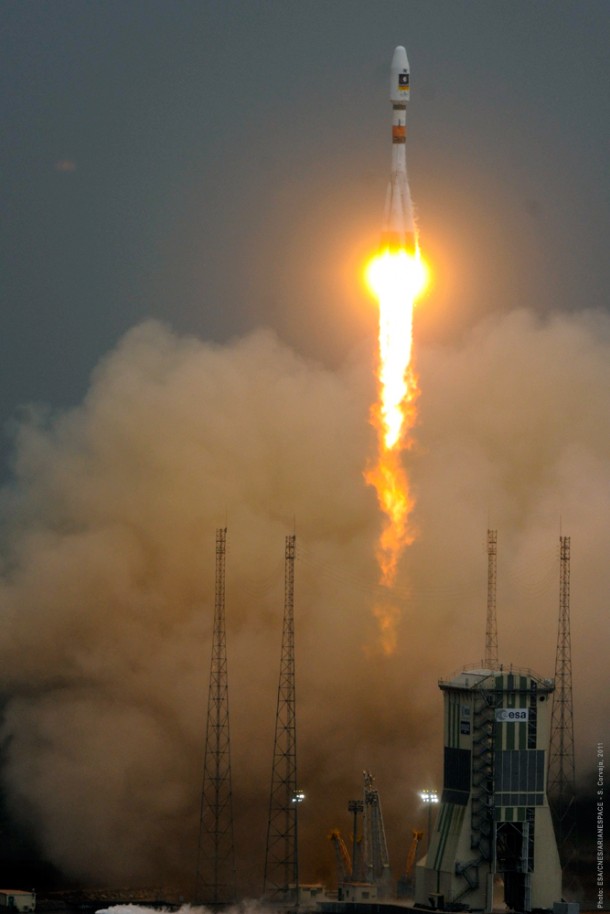 Soyuz begins its ascent from French Guiana with the payload of two Galileo In-Orbit Validation (IOV) satellites. Soyuz begins its ascent from French Guiana with the payload of two Galileo In-Orbit Validation (IOV) satellites.