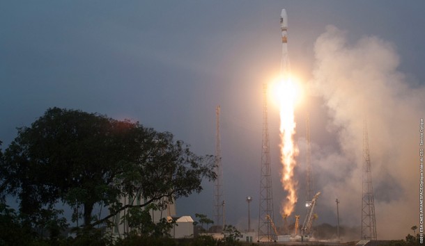 The Spaceport welcomes its newest launcher: the medium-lift Soyuz, which clears the purpose-built installation on its historic first liftoff. The Spaceport welcomes its newest launcher: the medium-lift Soyuz, which clears the purpose-built installation on its historic first liftoff.