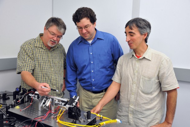 Goddard laser experts (from left to right) Barry Coyle, Paul Stysley, and Demetrios Poulios have won NASA funding to study advanced technologies for collecting extraterrestrial particle samples. (Photo Credit: NASA's Goddard Space Flight Center, Debora McCallum) Goddard laser experts (from left to right) Barry Coyle, Paul Stysley, and Demetrios Poulios have won NASA funding to study advanced technologies for collecting extraterrestrial particle samples. (Photo Credit: NASA's Goddard Space Flight Center, Debora McCallum)