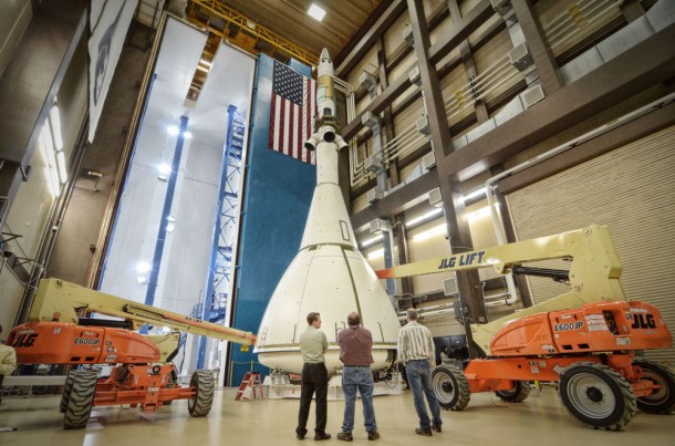 The Orion MPCV ground test vehicle is prepared for the Launch Abort Vehicle Configuration Test at Lockheed Martin’s facilities in Denver, Colo. Credit: NASA The Orion MPCV ground test vehicle is prepared for the Launch Abort Vehicle Configuration Test at Lockheed Martin’s facilities in Denver, Colo. Credit: NASA