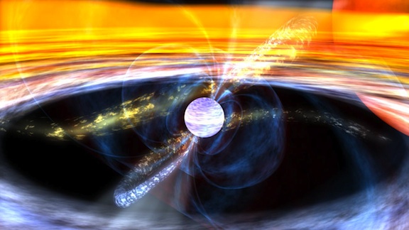 This is an artist's concept of a pulsar (blue-white disk in center) pulling in matter from a nearby star (red disk at upper right). The stellar material forms a disk around the pulsar (multicolored ring) before falling on to the surface at the magnetic poles. The pulsar's intense magnetic field is represented by faint blue outlines surrounding the pulsar. Credit: NASA This is an artist's concept of a pulsar (blue-white disk in center) pulling in matter from a nearby star (red disk at upper right). The stellar material forms a disk around the pulsar (multicolored ring) before falling on to the surface at the magnetic poles. The pulsar's intense magnetic field is represented by faint blue outlines surrounding the pulsar. Credit: NASA
