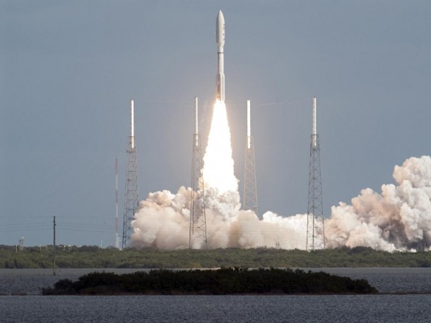 NASA's Mars Science Laboratory spacecraft, sealed inside its payload fairing atop the United Launch Alliance Atlas V rocket, clears the tower at Space Launch Complex 41 on Cape Canaveral Air Force Station in Florida. Photo credit: NASA/Bill White NASA's Mars Science Laboratory spacecraft, sealed inside its payload fairing atop the United Launch Alliance Atlas V rocket, clears the tower at Space Launch Complex 41 on Cape Canaveral Air Force Station in Florida. Photo credit: NASA/Bill White