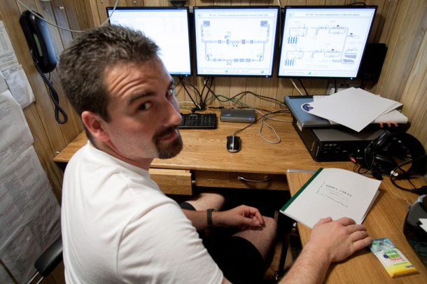 Romain Charles in the control room of the Mars500 facility.   Credits: ESA/Mars500 crew