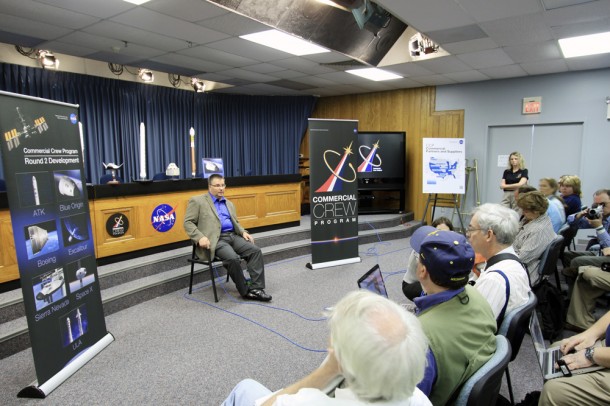 Commercial Crew Program Manager Ed Mango talks to media about Commercial Crew Development Round 2 (CCDev2) activities. Photo credit: Jim Grossmann Commercial Crew Program Manager Ed Mango talks to media about Commercial Crew Development Round 2 (CCDev2) activities. Photo credit: Jim Grossmann