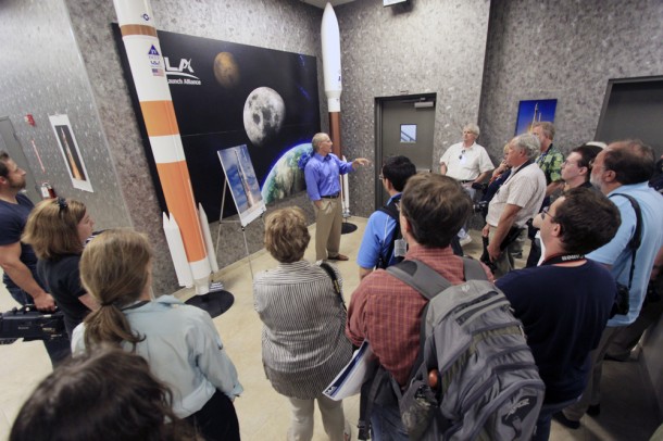 Andy Aldrin talks to media about plans to launch NASA astronauts to the International Space Station atop a United Launch Alliance (ULA) Atlas V rocket. Photo credit: Jim Grossmann Andy Aldrin talks to media about plans to launch NASA astronauts to the International Space Station atop a United Launch Alliance (ULA) Atlas V rocket. Photo credit: Jim Grossmann
