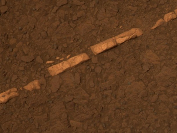 This color view of a mineral vein called "Homestake" comes from the panoramic camera (Pancam) on NASA's Mars Exploration Rover Opportunity. The vein is about the width of a thumb and about 18 inches (45 centimeters) long. Image Credit: NASA/JPL-Caltech/Cornell/ASU This color view of a mineral vein called "Homestake" comes from the panoramic camera (Pancam) on NASA's Mars Exploration Rover Opportunity. The vein is about the width of a thumb and about 18 inches (45 centimeters) long. Image Credit: NASA/JPL-Caltech/Cornell/ASU