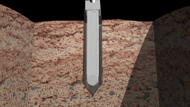 This is an artist's concept of a comet harpoon embedded in a comet. The harpoon tip has been rendered semi-transparent so the sample collection chamber inside can be seen. Credit: NASA/Chris Meaney/Walt Feimer This is an artist's concept of a comet harpoon embedded in a comet. The harpoon tip has been rendered semi-transparent so the sample collection chamber inside can be seen. Credit: NASA/Chris Meaney/Walt Feimer