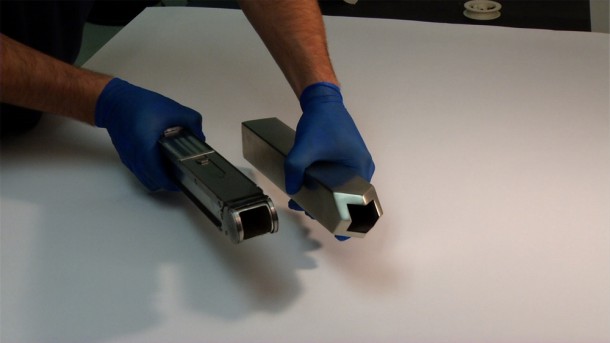This is a photo of a prototype harpoon tip (right) and sample collection chamber (left). Credit: NASA/Rob Andreoli This is a photo of a prototype harpoon tip (right) and sample collection chamber (left). Credit: NASA/Rob Andreoli