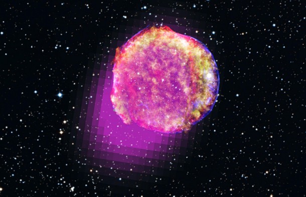 Gamma-rays detected by Fermi's LAT show that the remnant of Tycho's supernova shines in the highest-energy form of light. This portrait of the shattered star includes gamma rays (magenta), X-rays (yellow, green, and blue), infrared (red) and optical data. (Credit: Gamma ray, NASA/DOE/Fermi LAT Collaboration; X-ray, NASA/CXC/SAO; Infrared, NASA/JPL-Caltech; Optical, MPIA, Calar Alto, O. Krause et al. and DSS) Gamma-rays detected by Fermi's LAT show that the remnant of Tycho's supernova shines in the highest-energy form of light. This portrait of the shattered star includes gamma rays (magenta), X-rays (yellow, green, and blue), infrared (red) and optical data. (Credit: Gamma ray, NASA/DOE/Fermi LAT Collaboration; X-ray, NASA/CXC/SAO; Infrared, NASA/JPL-Caltech; Optical, MPIA, Calar Alto, O. Krause et al. and DSS)