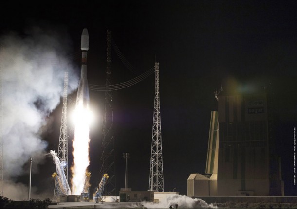 Soyuz performs its second liftoff from the new French Guiana launch facility created for this medium-lift vehicle’s operations in service with Arianespace. Soyuz performs its second liftoff from the new French Guiana launch facility created for this medium-lift vehicle’s operations in service with Arianespace.