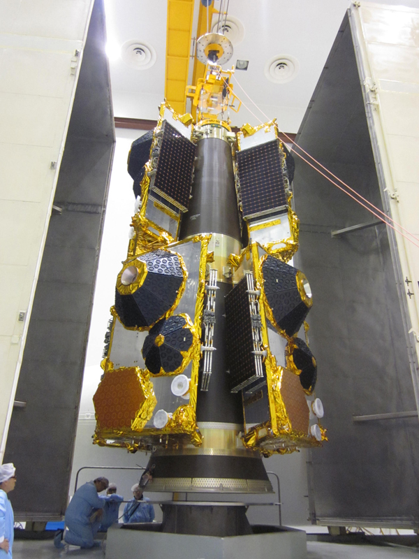 Globalstar’s second-generation satellites are shown on their dispenser at Baikonur Cosmodrome, where the cluster of six spacecraft will be orbited December 28 by a Soyuz on Flight ST24 performed on behalf of Arianespace by its Starsem affiliate. Globalstar’s second-generation satellites are shown on their dispenser at Baikonur Cosmodrome, where the cluster of six spacecraft will be orbited December 28 by a Soyuz on Flight ST24 performed on behalf of Arianespace by its Starsem affiliate.