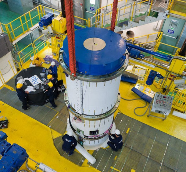 Vega’s solid-propellant third stage is installed on top of the launcher earlier this month in French Guiana as this new lightweight vehicle is readied for its maiden flight from the Spaceport in 2012. Vega’s solid-propellant third stage is installed on top of the launcher earlier this month in French Guiana as this new lightweight vehicle is readied for its maiden flight from the Spaceport in 2012.