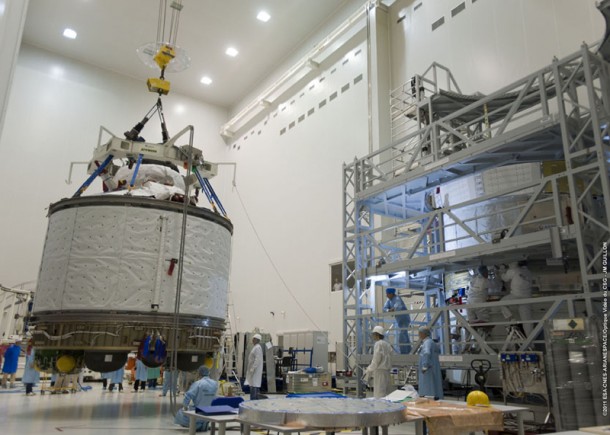 The Integrated Cargo Carrier section (at left) is hoisted for mating this week with the Service Module (partly visible at right) of Europe's no. 3 Automated Transfer Vehicle, which will be launched in March 2012 by an Ariane 5. The Integrated Cargo Carrier section (at left) is hoisted for mating this week with the Service Module (partly visible at right) of Europe's no. 3 Automated Transfer Vehicle, which will be launched in March 2012 by an Ariane 5.