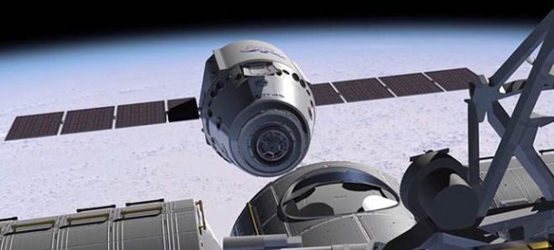 Artist’s rendition of Dragon spacecraft with solar panels fully deployed on orbit. Artist’s rendition of Dragon spacecraft with solar panels fully deployed on orbit.
