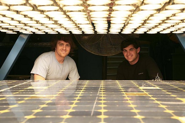 SpaceX engineers conducting an early solar panel test. Hundreds of flood lamps simulate the unfiltered light of the sun. Photo: Roger Gilbertson/ SpaceX SpaceX engineers conducting an early solar panel test. Hundreds of flood lamps simulate the unfiltered light of the sun. Photo: Roger Gilbertson/ SpaceX