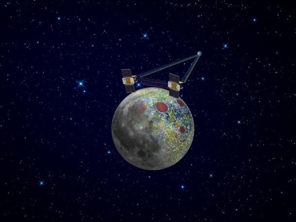 Using a precision formation-flying technique, the twin GRAIL spacecraft will map the moon's gravity field, as depicted in this artist's rendering. detail. Image credit: NASA/JPL-Caltech Using a precision formation-flying technique, the twin GRAIL spacecraft will map the moon's gravity field, as depicted in this artist's rendering. detail. Image credit: NASA/JPL-Caltech