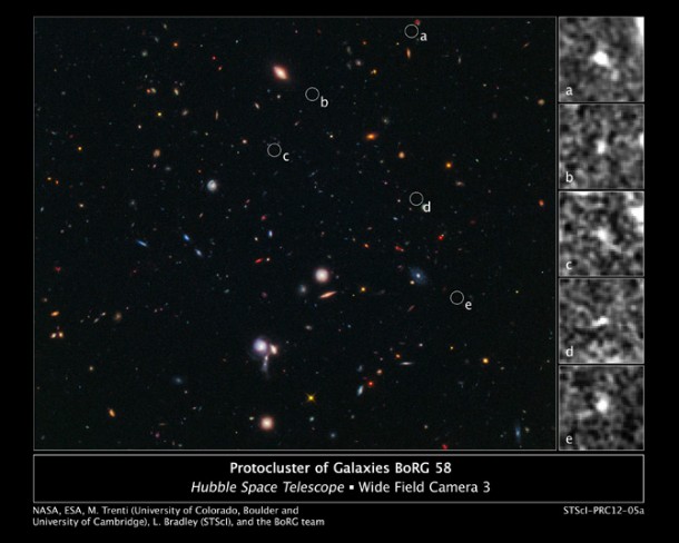 The composite image taken in visible and near-infrared light, reveals the location of five tiny galaxies clustered together 13.1 billion light-years away. The circles pinpoint the galaxies. Credit: NASA, ESA, M. Trenti (University of Colorado, Boulder and Institute of Astronomy, University of Cambridge, U.K.), L. Bradley (Space Telescope Science Institute, Baltimore), and the BoRG team The composite image taken in visible and near-infrared light, reveals the location of five tiny galaxies clustered together 13.1 billion light-years away. The circles pinpoint the galaxies. Credit: NASA, ESA, M. Trenti (University of Colorado, Boulder and Institute of Astronomy, University of Cambridge, U.K.), L. Bradley (Space Telescope Science Institute, Baltimore), and the BoRG team