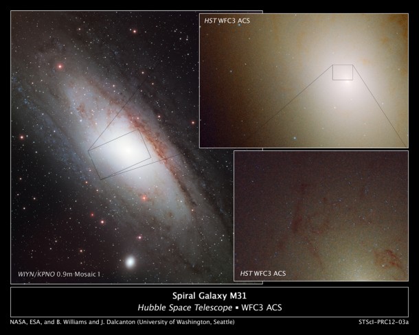 The image at left shows the nearby, majestic Andromeda galaxy. The rectangular box marks the region probed by NASA’s Hubble Space Telescope (a blend of visible and ultraviolet light). The photo (top right) is 7,900 light-years across and reveals the galaxy's crowded central region. The bright area near the center of the image is a grouping of stars nestled around the galaxy's black hole. The blue dots sprinkled throughout the image are ultra-blue stars whose population increases around the crowded hub. The square box shows a close-up view of an area around the core. The detailed image, shown at bottom right, reveals a richer population of blue stars huddled around the core. Dark dust clouds also are visible. The right-hand images, taken with Hubble, are part of a census of stars in M31 called the Panchromatic Hubble Andromeda Treasury survey. (Credit: NASA; ESA; B. Williams and J. Dalcanton, University of Washington, Seattle) The image at left shows the nearby, majestic Andromeda galaxy. The rectangular box marks the region probed by NASA’s Hubble Space Telescope (a blend of visible and ultraviolet light). The photo (top right) is 7,900 light-years across and reveals the galaxy's crowded central region. The bright area near the center of the image is a grouping of stars nestled around the galaxy's black hole. The blue dots sprinkled throughout the image are ultra-blue stars whose population increases around the crowded hub. The square box shows a close-up view of an area around the core. The detailed image, shown at bottom right, reveals a richer population of blue stars huddled around the core. Dark dust clouds also are visible. The right-hand images, taken with Hubble, are part of a census of stars in M31 called the Panchromatic Hubble Andromeda Treasury survey. (Credit: NASA; ESA; B. Williams and J. Dalcanton, University of Washington, Seattle)