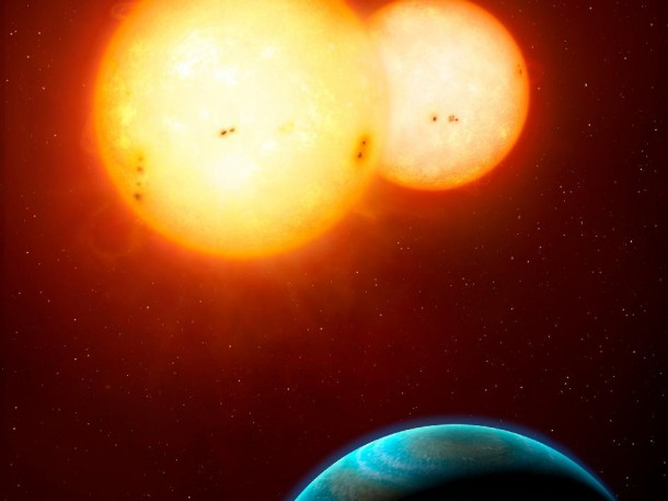 A New Class of Planetary Systems: This artistic rendition depicts the Kepler-35 planetary system. In the foreground, Kepler-35b, a Saturn-size world orbits its host stars every 131 days. Image credit: © Mark A. Garlick / space-art.co.uk A New Class of Planetary Systems: This artistic rendition depicts the Kepler-35 planetary system. In the foreground, Kepler-35b, a Saturn-size world orbits its host stars every 131 days. Image credit: © Mark A. Garlick / space-art.co.uk