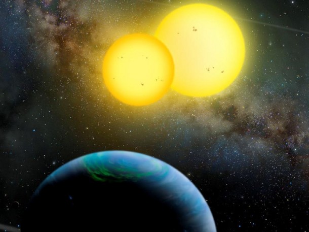 The Kepler-35 System: An artist's rendition of the Kepler-35 planetary system, in which a Saturn-size planet orbits a pair of stars. Image credit: Lynette Cook / extrasolar.spaceart.org The Kepler-35 System: An artist's rendition of the Kepler-35 planetary system, in which a Saturn-size planet orbits a pair of stars. Image credit: Lynette Cook / extrasolar.spaceart.org