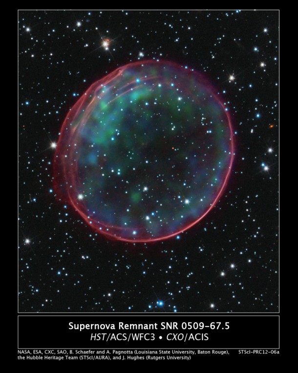 This image of Type Ia Supernova Remnant 0509-67.5 was made by combining data from two of NASA’s Great Observatories. The result shows soft green and blue hues of heated material from the X-ray data surrounded by the glowing pink optical shell, which shows the ambient gas being shocked by the expanding blast wave from the supernova. Credit: NASA, ESA, and B. Schaefer and A. Pagnotta (Louisiana State University, Baton Rouge); Image Credit: NASA, ESA, CXC, SAO, the Hubble Heritage Team (STScI/AURA), J. Hughes (Rutgers University) This image of Type Ia Supernova Remnant 0509-67.5 was made by combining data from two of NASA’s Great Observatories. The result shows soft green and blue hues of heated material from the X-ray data surrounded by the glowing pink optical shell, which shows the ambient gas being shocked by the expanding blast wave from the supernova. Credit: NASA, ESA, and B. Schaefer and A. Pagnotta (Louisiana State University, Baton Rouge); Image Credit: NASA, ESA, CXC, SAO, the Hubble Heritage Team (STScI/AURA), J. Hughes (Rutgers University)