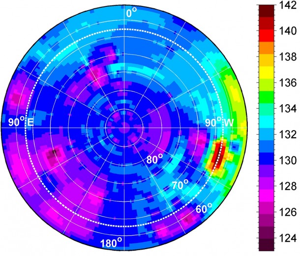 New modeling shows that, under present conditions, Vesta's polar regions are cold enough (less than about 145 kelvins) to sustain water ice for billions of years, as this map of average surface temperature around the asteroid's south pole indicates. Image credit: NASA/GSFC/UMBC New modeling shows that, under present conditions, Vesta's polar regions are cold enough (less than about 145 kelvins) to sustain water ice for billions of years, as this map of average surface temperature around the asteroid's south pole indicates. Image credit: NASA/GSFC/UMBC