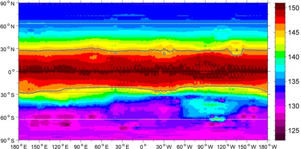 As this global map of average surface temperature shows, the warmer equatorial zone of the giant asteroid Vesta is likely too warm to sustain water ice below the surface. But roughly half of Vesta is so cold and receives so little sunlight on average that water ice could have survived there for billions of years. Image credit: NASA/GSFC/UMBC As this global map of average surface temperature shows, the warmer equatorial zone of the giant asteroid Vesta is likely too warm to sustain water ice below the surface. But roughly half of Vesta is so cold and receives so little sunlight on average that water ice could have survived there for billions of years. Image credit: NASA/GSFC/UMBC