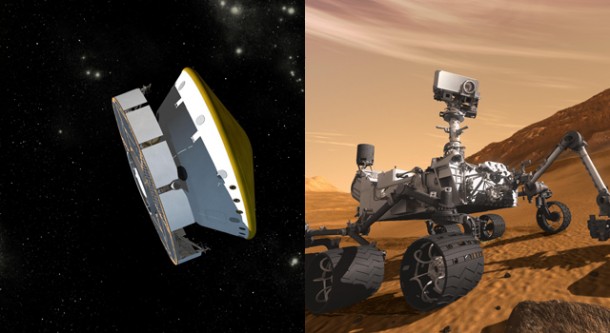 Artist's concept illustrations show (left) the Mars Science Laboratory spacecraft during its voyage from Earth to Mars and (right) the mission's rover, Curiosity, working on Mars after landing. Image Credit: NASA/JPL-Caltech Artist's concept illustrations show (left) the Mars Science Laboratory spacecraft during its voyage from Earth to Mars and (right) the mission's rover, Curiosity, working on Mars after landing. Image Credit: NASA/JPL-Caltech