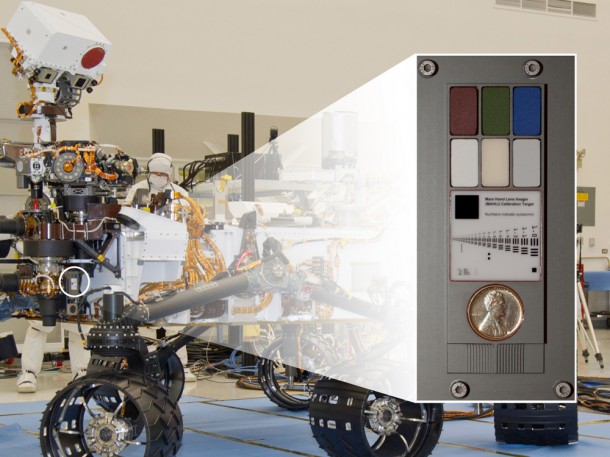 NASA's Mars rover Curiosity with an inset showing calibration targets to be used by a camera and spectrometer at the end of the robotic arm. Image credit: NASA/JPL-Caltech NASA's Mars rover Curiosity with an inset showing calibration targets to be used by a camera and spectrometer at the end of the robotic arm. Image credit: NASA/JPL-Caltech