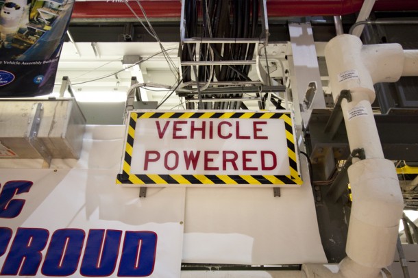 The "vehicle powered" sign is turned off following the final power down of space shuttle Discovery. Photo credit: NASA/Jim Grossmann The "vehicle powered" sign is turned off following the final power down of space shuttle Discovery. Photo credit: NASA/Jim Grossmann
