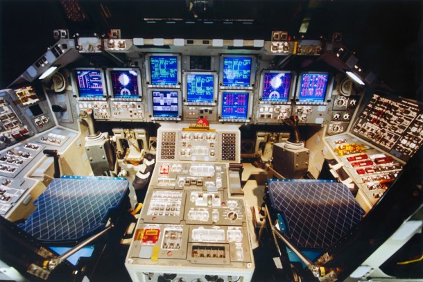 The cockpit of space shuttle Discovery is brightly lit as preparations are made for the shuttle's final power down. Photo credit: NASA/Ken Thornsley The cockpit of space shuttle Discovery is brightly lit as preparations are made for the shuttle's final power down. Photo credit: NASA/Ken Thornsley