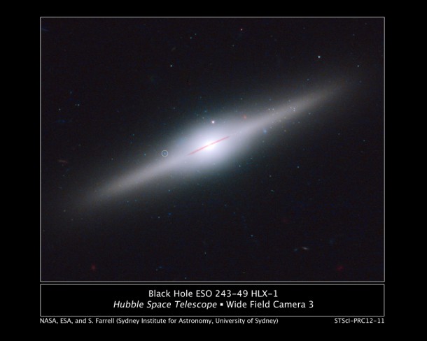 This spectacular edge-on galaxy, called ESO 243-49, is home to an intermediate-mass black hole that may have been stripped off of a cannibalized dwarf galaxy. The estimated 20,000-solar-mass black hole lies above the galactic plane. This is an unlikely place for such a massive back hole to exist, unless it belonged to a small galaxy that was gravitationally torn apart by ESO 243-49. The circle identifies a unique X-ray source that pinpoints the black hole. The X-rays are believed to be radiation from a hot accretion disk around the black hole. The blue light not only comes from a hot accretion disk, but also from a cluster of hot young stars that formed around the black hole. The galaxy is 290 million light-years from Earth. Hubble can't resolve the stars individually because the suspected cluster is too far away. Their presence is inferred from the color and brightness of the light coming from the black hole's location. (Credit: NASA; ESA; and S. Farrell, Sydney Institute for Astronomy, University of Sydney) This spectacular edge-on galaxy, called ESO 243-49, is home to an intermediate-mass black hole that may have been stripped off of a cannibalized dwarf galaxy. The estimated 20,000-solar-mass black hole lies above the galactic plane. This is an unlikely place for such a massive back hole to exist, unless it belonged to a small galaxy that was gravitationally torn apart by ESO 243-49. The circle identifies a unique X-ray source that pinpoints the black hole. The X-rays are believed to be radiation from a hot accretion disk around the black hole. The blue light not only comes from a hot accretion disk, but also from a cluster of hot young stars that formed around the black hole. The galaxy is 290 million light-years from Earth. Hubble can't resolve the stars individually because the suspected cluster is too far away. Their presence is inferred from the color and brightness of the light coming from the black hole's location. (Credit: NASA; ESA; and S. Farrell, Sydney Institute for Astronomy, University of Sydney)