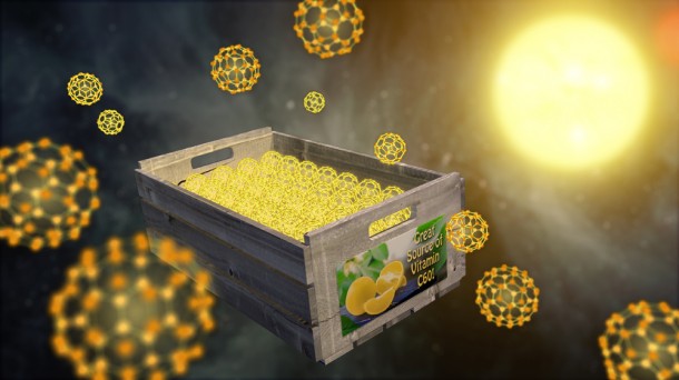 NASA's Spitzer Space Telescope has detected the solid form of buckyballs in space for the first time. To form a solid particle, the buckyballs must stack together like oranges in a crate, as shown in this illustration. Image credit: NASA/JPL-Caltech NASA's Spitzer Space Telescope has detected the solid form of buckyballs in space for the first time. To form a solid particle, the buckyballs must stack together like oranges in a crate, as shown in this illustration. Image credit: NASA/JPL-Caltech