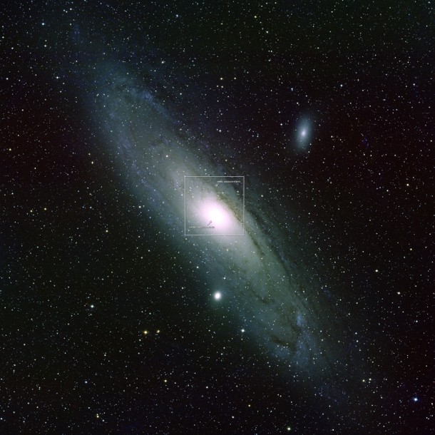 The locations of two M31 ULXs are shown on this optical image of our galactic neighbor. M31 lies 2.5 million light-years away in the constellation Andromeda and is the nearest large spiral galaxy to our own. Under a clear, dark sky, it can be seen as a misty patch with the naked eye. Credit: NASA/Swift; background: Bill Schoening, Vanessa Harvey/REU program/NOAO/AURA/NSF The locations of two M31 ULXs are shown on this optical image of our galactic neighbor. M31 lies 2.5 million light-years away in the constellation Andromeda and is the nearest large spiral galaxy to our own. Under a clear, dark sky, it can be seen as a misty patch with the naked eye. Credit: NASA/Swift; background: Bill Schoening, Vanessa Harvey/REU program/NOAO/AURA/NSF