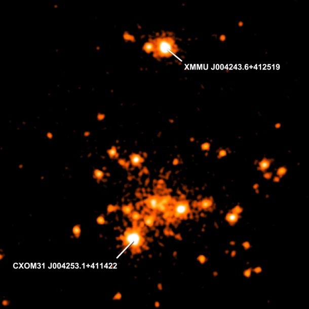 This image from Swift's X-Ray Telescope captures both of the known ULXs in M31. The first, dubbed CXOM31 J004253.1+411422, was discovered with NASA's Chandra X-ray Observatory on Dec. 17, 2009, and appears to be a stellar-mass black hole. The other, named XMMU J004243.6+412519, was discovered just last month, on Jan. 15, by the European Space Agency's XMM-Newton spacecraft. Credit: NASA/Swift/Stefan Immler This image from Swift's X-Ray Telescope captures both of the known ULXs in M31. The first, dubbed CXOM31 J004253.1+411422, was discovered with NASA's Chandra X-ray Observatory on Dec. 17, 2009, and appears to be a stellar-mass black hole. The other, named XMMU J004243.6+412519, was discovered just last month, on Jan. 15, by the European Space Agency's XMM-Newton spacecraft. Credit: NASA/Swift/Stefan Immler