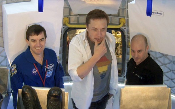 NASA Astronaut Rex Walheim, SpaceX CEO and Chief Designer Elon Musk and SpaceX Commercial Crew Development Manager and former NASA Astronaut Garrett Reisman standing inside the Dragon spacecraft during testing activities. NASA Astronaut Rex Walheim, SpaceX CEO and Chief Designer Elon Musk and SpaceX Commercial Crew Development Manager and former NASA Astronaut Garrett Reisman standing inside the Dragon spacecraft during testing activities.
