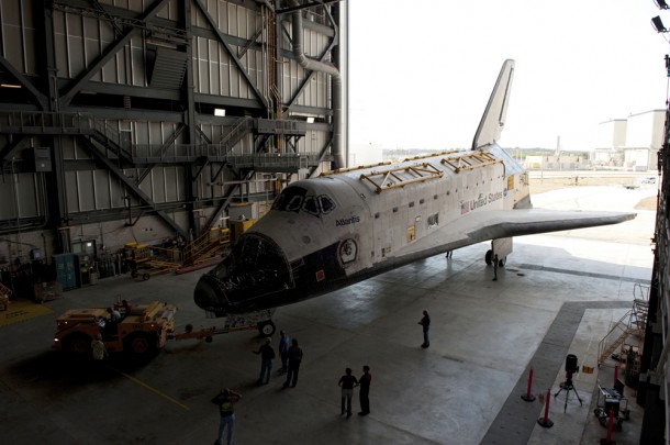 Space shuttle Atlantis is towed into the Vehicle Assembly Building high bay 4 after being towed around from the building's transfer aisle Feb. 2. Photo credit: NASA/Kim Shiflett One of space shuttle Endeavour's payload bay doors has been fully opened and an antenna retracted on Feb. 3 in Orbiter Processing Facility-2 at Kennedy Space Center. Photo credit: NASA/Kim Shiflett