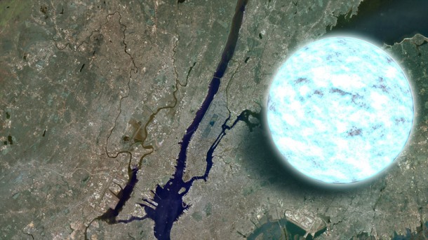 This illustration compares the size of a neutron star to Manhattan. The crushed core of a star that has exploded as a supernova, a neutron star packs more mass than the sun into a sphere just 10 to 15 miles wide. Credit: NASA/Goddard Space Flight Center This illustration compares the size of a neutron star to Manhattan. The crushed core of a star that has exploded as a supernova, a neutron star packs more mass than the sun into a sphere just 10 to 15 miles wide. Credit: NASA/Goddard Space Flight Center