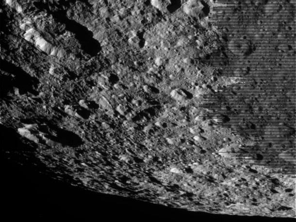 NASA's Cassini spacecraft took this raw, unprocessed image of Saturn's moon Rhea on March 10, 2012. The camera was pointing toward Rhea at approximately 26,157 miles (42,096 kilometers) away. Image credit: NASA/JPL-Caltech/SSI