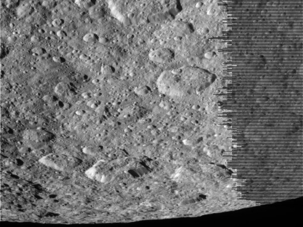 NASA's Cassini spacecraft took this raw, unprocessed image of Saturn's moon Rhea on March 10, 2012. The camera was pointing toward Rhea at approximately 26,257 miles (42,258 kilometers) away. Image credit: NASA/JPL-Caltech/SSI