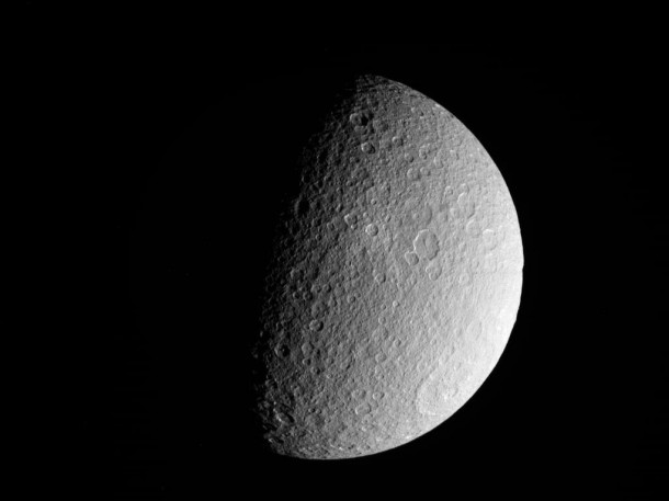 NASA's Cassini spacecraft took this raw, unprocessed image of Saturn's moon Rhea on March 10, 2012. The camera was pointing toward Rhea at approximately 26,019 miles (41,873 kilometers) away. Image credit: NASA/JPL-Caltech/SSI NASA's Cassini spacecraft took this raw, unprocessed image of Saturn's moon Rhea on March 10, 2012. The camera was pointing toward Rhea at approximately 26,019 miles (41,873 kilometers) away. Image credit: NASA/JPL-Caltech/SSI