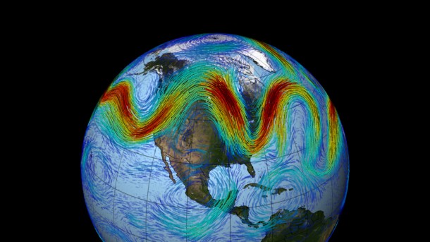 The jet stream that circles Earth's North Pole travels west to east. But when the jet stream interacts with a Rossby wave, as shown here, the winds can wander far north and south, bringing frigid air to normally mild southern states. Image credit: NASA/GSFC The jet stream that circles Earth's North Pole travels west to east. But when the jet stream interacts with a Rossby wave, as shown here, the winds can wander far north and south, bringing frigid air to normally mild southern states. Image credit: NASA/GSFC