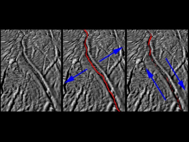 These images, based on ones obtained by NASA's Cassini spacecraft, show how the pull of Saturn's gravity can deform the surface of Saturn's moon Enceladus in the south polar region crisscrossed by fissures known as "tiger stripes." Image credit: NASA/JPL-Caltech/SSI/LPI/GSFC These images, based on ones obtained by NASA's Cassini spacecraft, show how the pull of Saturn's gravity can deform the surface of Saturn's moon Enceladus in the south polar region crisscrossed by fissures known as "tiger stripes." Image credit: NASA/JPL-Caltech/SSI/LPI/GSFC