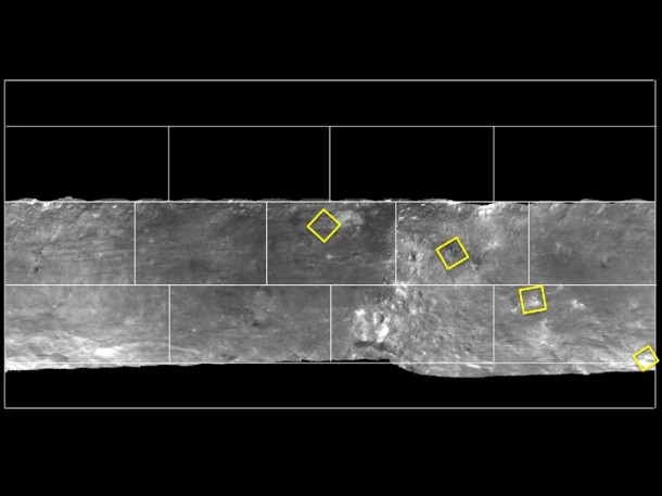 This mosaic depicts a portion of Vesta imaged by NASA's Dawn spacecraft where pockets of bright materials are visible. Image credit: NASA/JPL-Caltech/UCLA/MPS/DLR/IDA/UMD This mosaic depicts a portion of Vesta imaged by NASA's Dawn spacecraft where pockets of bright materials are visible. Image credit: NASA/JPL-Caltech/UCLA/MPS/DLR/IDA/UMD