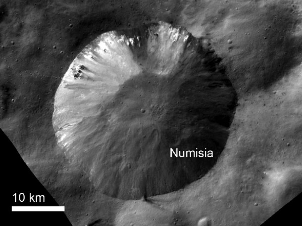 This image from NASA's Dawn spacecraft shows the crater Numisia, located just south of the equator in the Numisia quadrangle on Vesta. Image credit: NASA/JPL-Caltech/UCLA/MPS/DLR/IDA/UMD This image from NASA's Dawn spacecraft shows the crater Numisia, located just south of the equator in the Numisia quadrangle on Vesta. Image credit: NASA/JPL-Caltech/UCLA/MPS/DLR/IDA/UMD