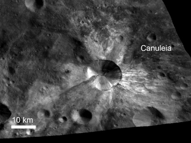 In this image from NASA's Dawn spacecraft, bright material extends out from the crater Canuleia on Vesta. Image credit: NASA/JPL-Caltech/UCLA/MPS/DLR/IDA/UMD In this image from NASA's Dawn spacecraft, bright material extends out from the crater Canuleia on Vesta. Image credit: NASA/JPL-Caltech/UCLA/MPS/DLR/IDA/UMD