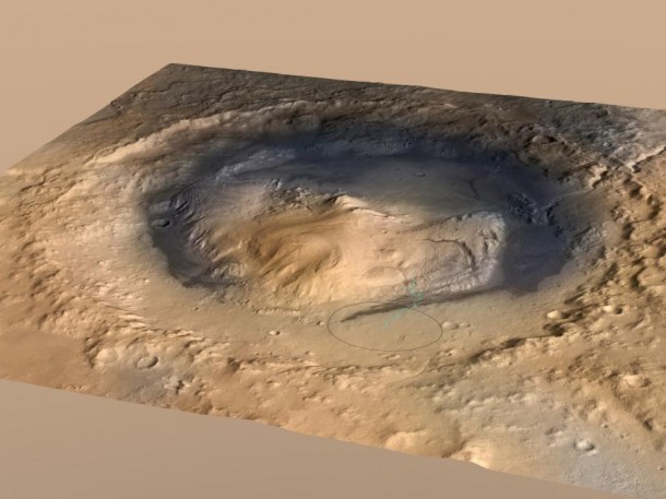 Curiosity, the big rover of NASA's Mars Science Laboratory mission, will land in August 2012 near the foot of a mountain inside Gale Crater. Image Credit: NASA/JPL-Caltech/ESA/DLR/FU Berlin/MSSS Curiosity, the big rover of NASA's Mars Science Laboratory mission, will land in August 2012 near the foot of a mountain inside Gale Crater. Image Credit: NASA/JPL-Caltech/ESA/DLR/FU Berlin/MSSS